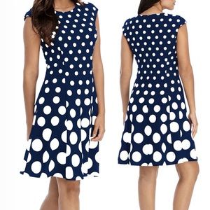 London Times 6P Navy Blue White Polka Dot Dress Fit & Flair 6 Petite NWT